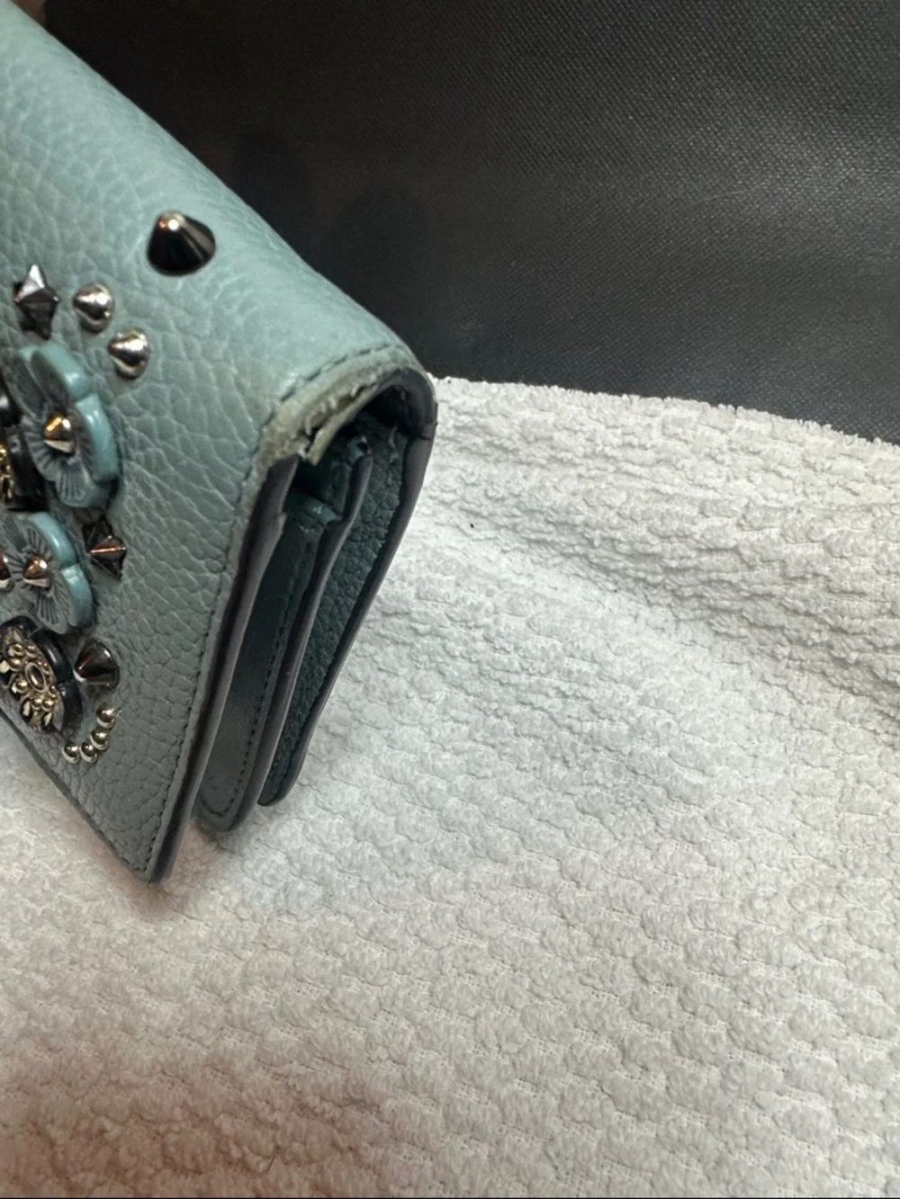 Coach Tea Rose Floral Studded Leather Wallet - Aqua Blue - Picture 14 of 16